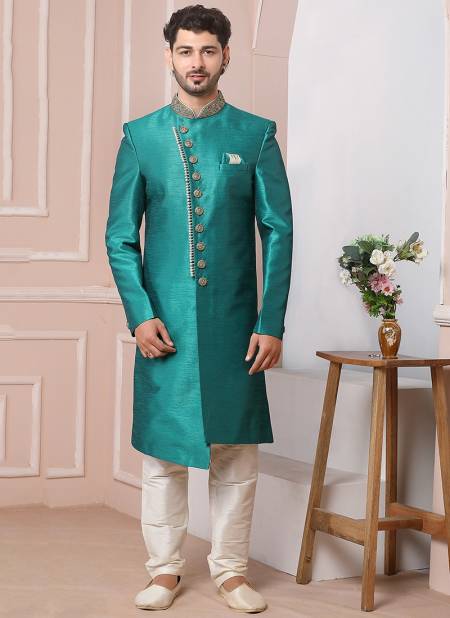 Teal Green New Ethnic Wear Mens Banarasi Silk Indo Western Collection 1667